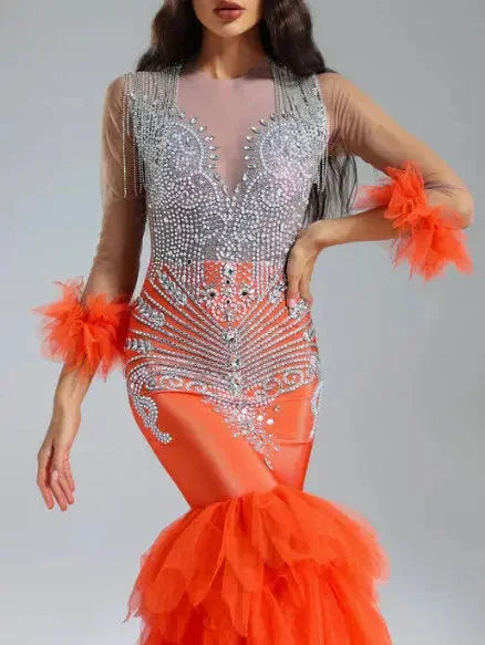 Mermaid Gown with Crystal Embellishments and Ruffled Tulle Train - Dresses