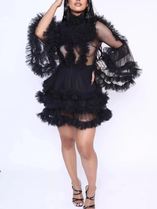 Mesh Ruffle Sheer Mini Dress in Black - Dresses