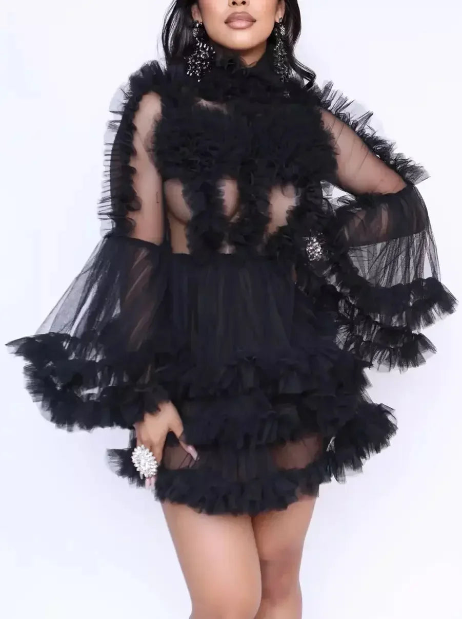 Mesh Ruffle Sheer Mini Dress in Black - Dresses