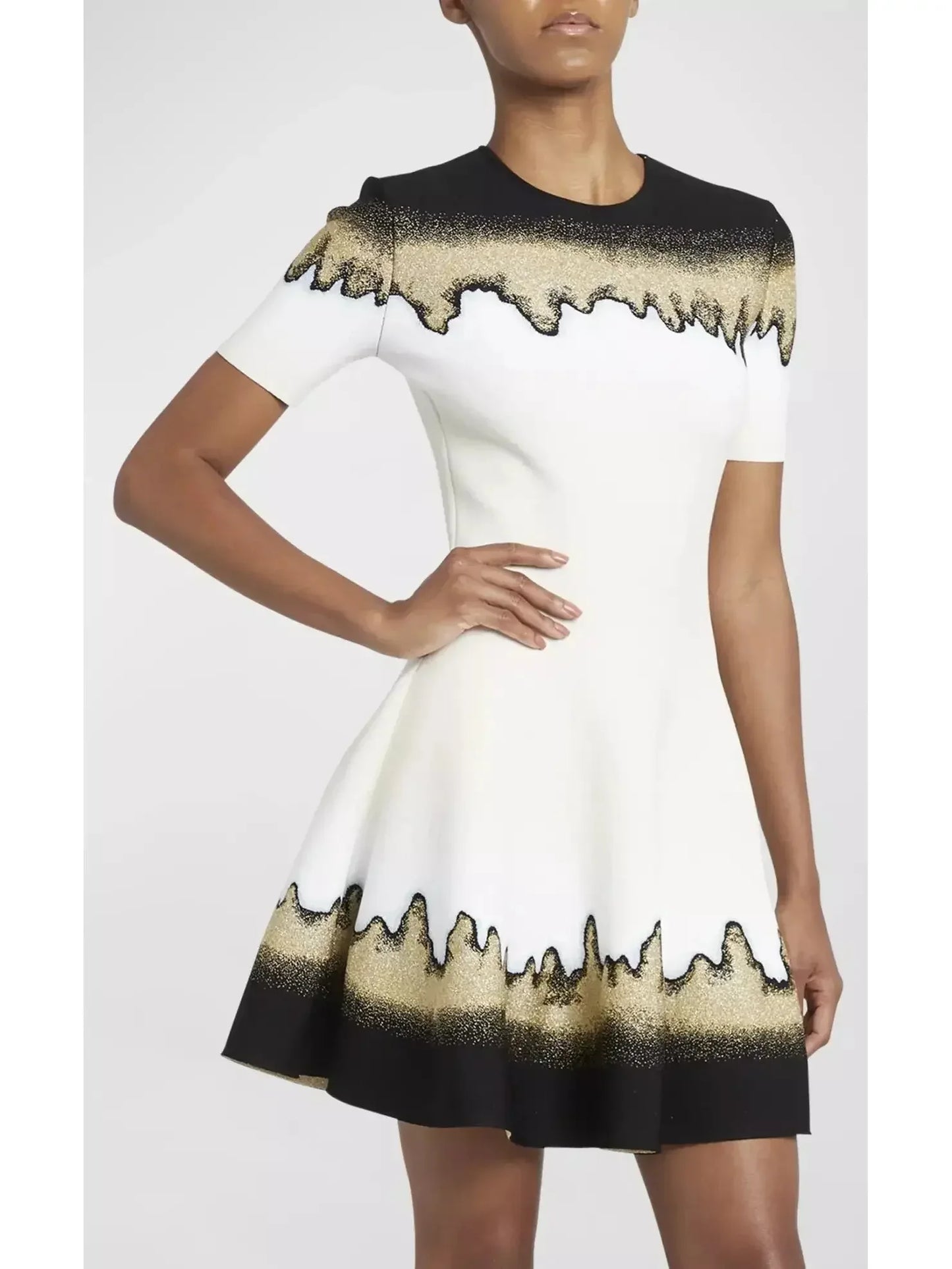 Metallic Jacquard Short-Sleeve Mini Dress - Dresses