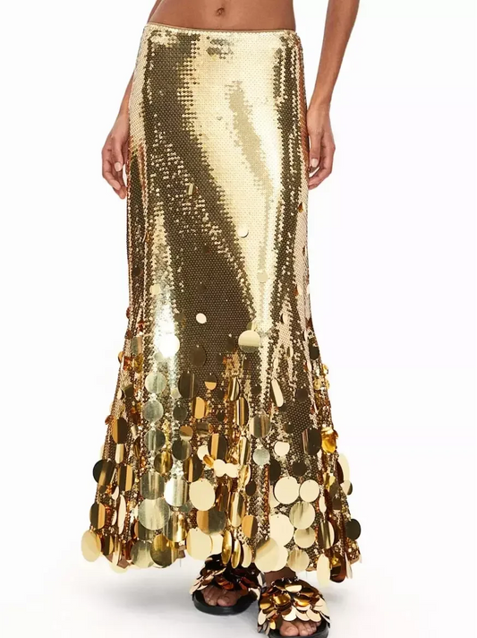 Metallic Sequin-Embellished Long Skirt - Skirts