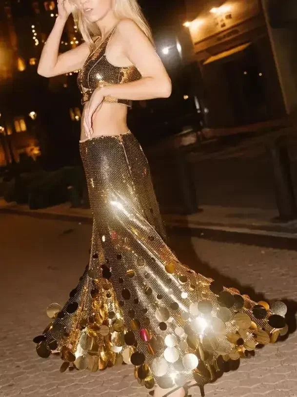 Metallic Sequin-Embellished Long Skirt - Skirts
