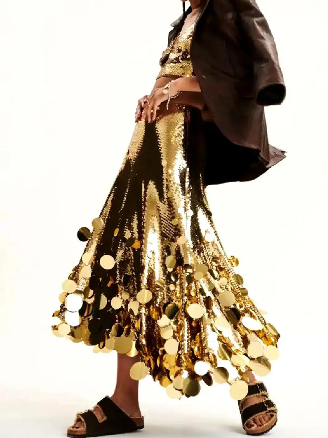 Metallic Sequin-Embellished Long Skirt - Skirts