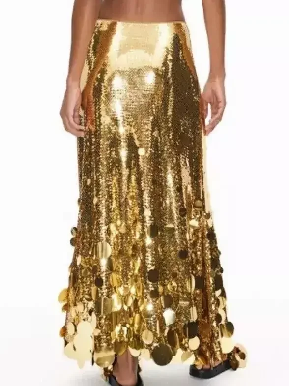 Metallic Sequin-Embellished Long Skirt - Skirts