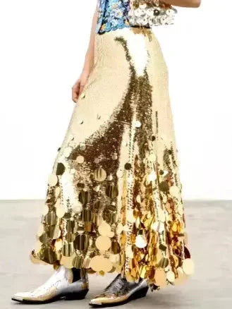 Metallic Sequin-Embellished Long Skirt - Skirts