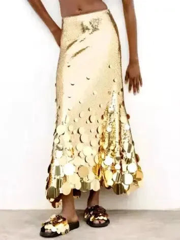 Metallic Sequin-Embellished Long Skirt - Skirts