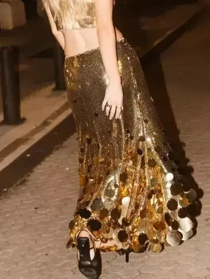 Metallic Sequin-Embellished Long Skirt - Skirts