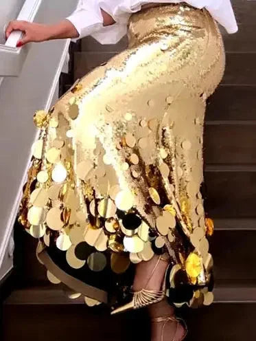 Metallic Sequin-Embellished Long Skirt - Skirts