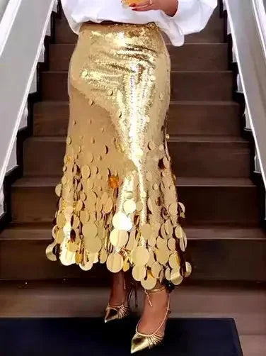 Metallic Sequin-Embellished Long Skirt - Skirts