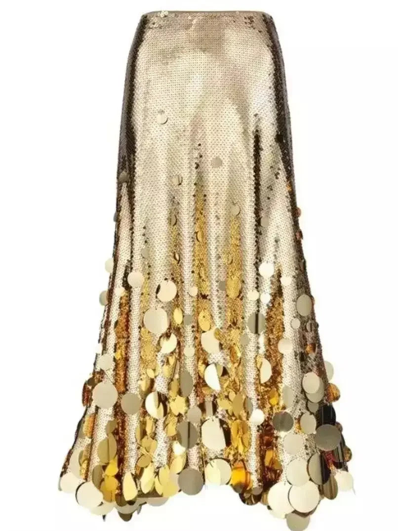Metallic Sequin-Embellished Long Skirt - Skirts