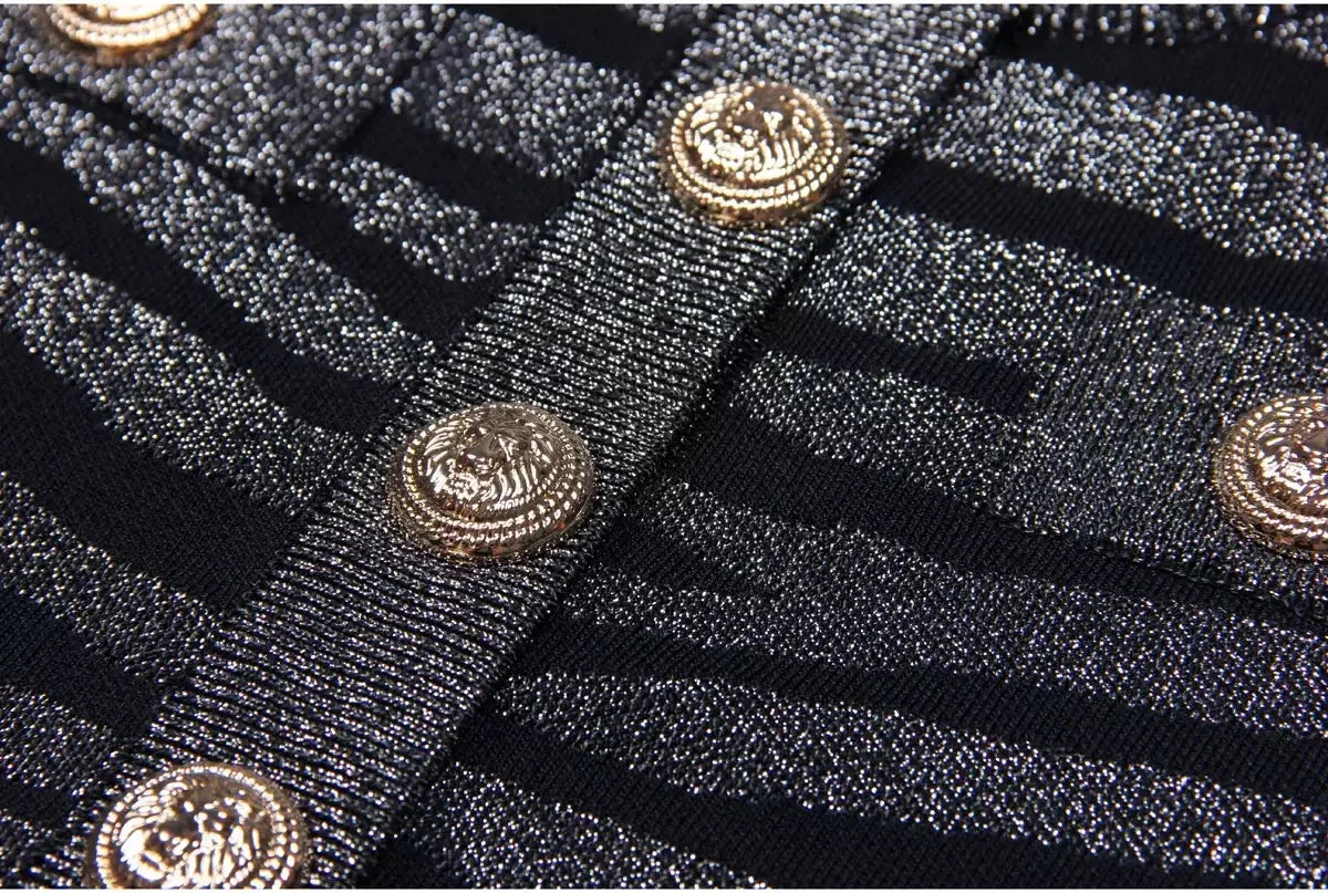 Metallic Tiger Striped Knit Viscose Buttoned Top and Skirt Set - Suits & Sets