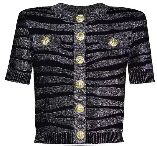 Metallic Tiger Striped Knit Viscose Buttoned Top and Skirt Set - Suits & Sets