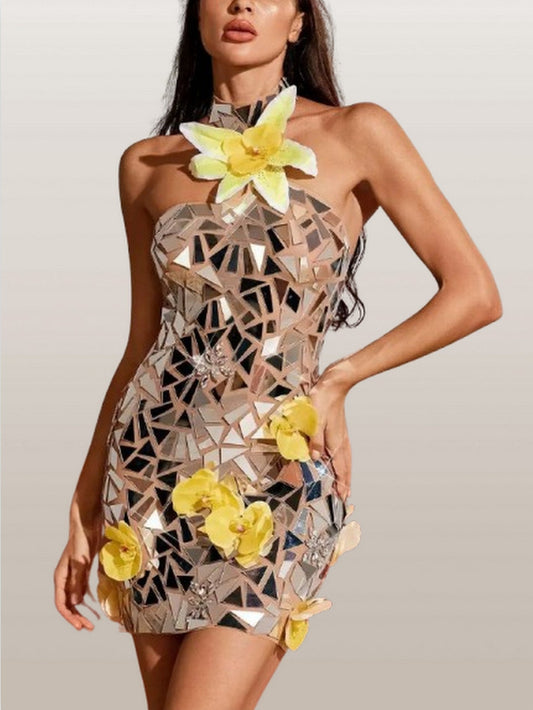 Mirror and Floral Appliqued Halter Mini Dress - Dresses