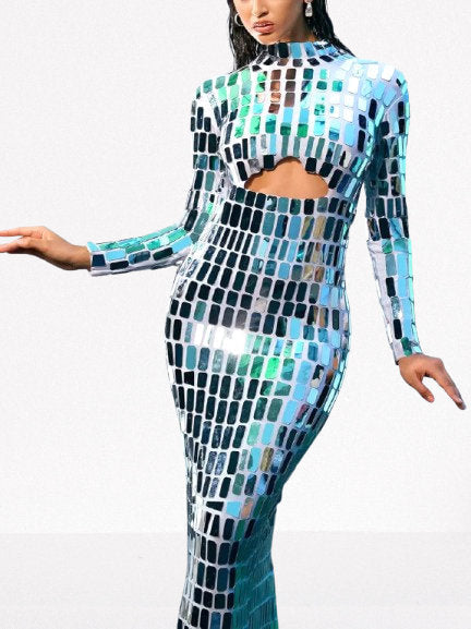 Mirror Applique Embellished Cut-Out Maxi Dress - Dresses