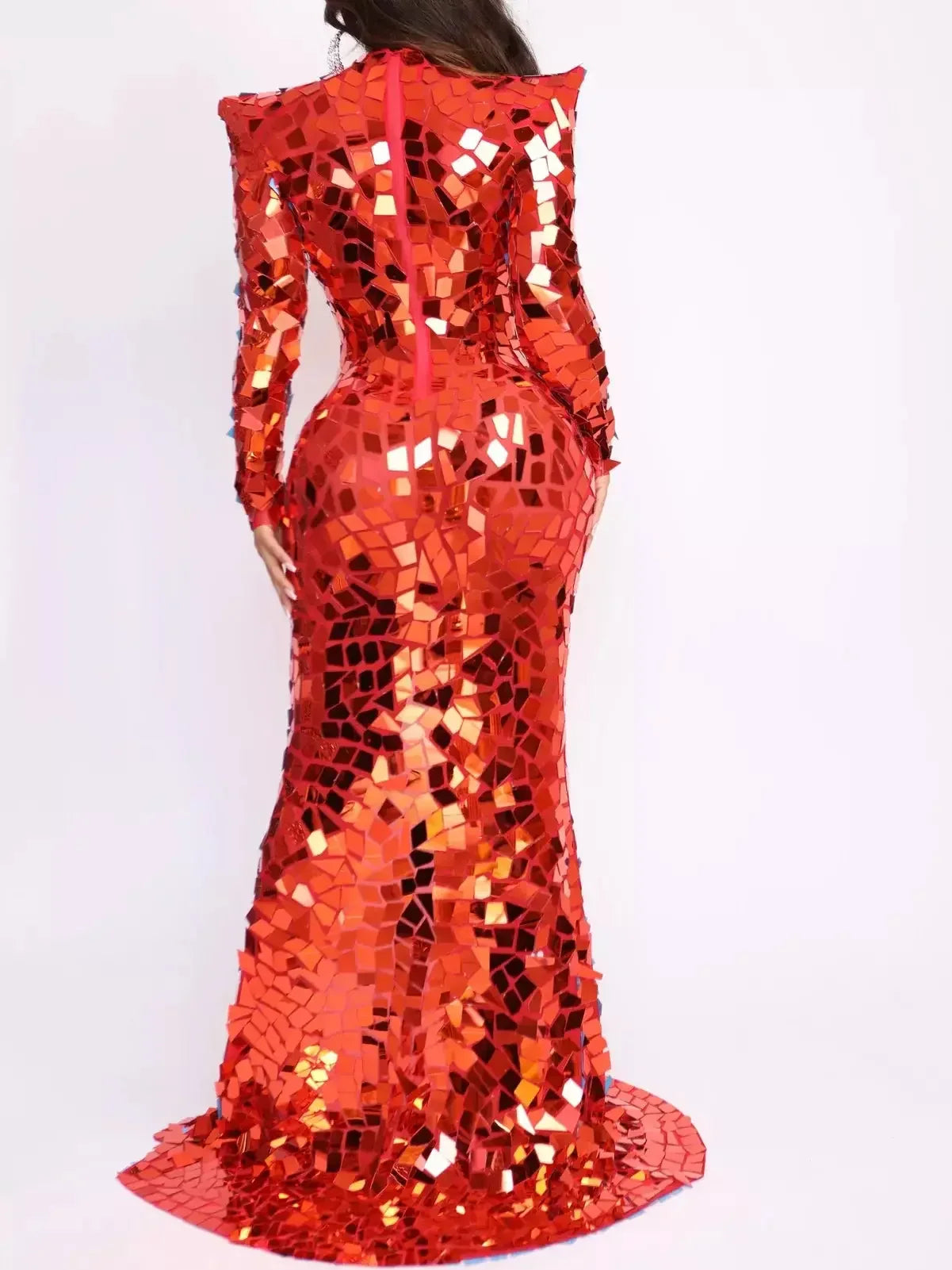 Mirror-Sequin Gown with Pointy Shoulders in Red - Dresses