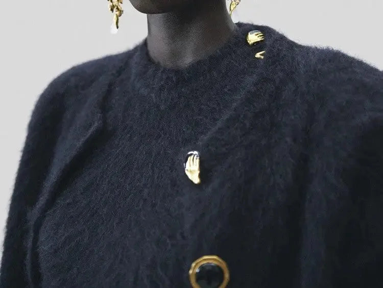 Mohair-Blend Cardigan with Decorative Buttons in Black - Sweaters & Knitwear