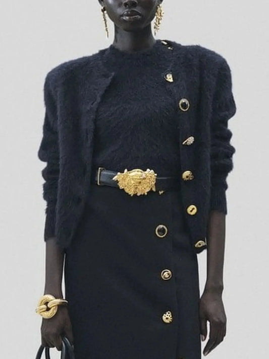 Mohair-Blend Cardigan with Decorative Buttons in Black - Sweaters & Knitwear