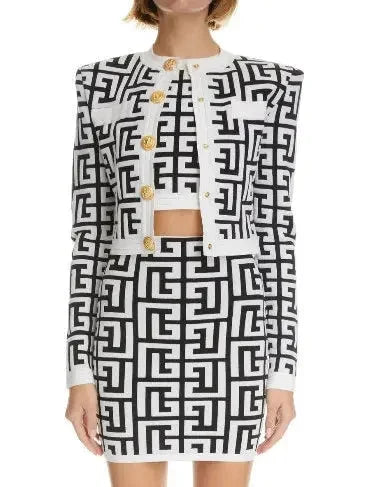 Monogram Cropped Halter Cardigan and Skirt Set - Suits & Sets