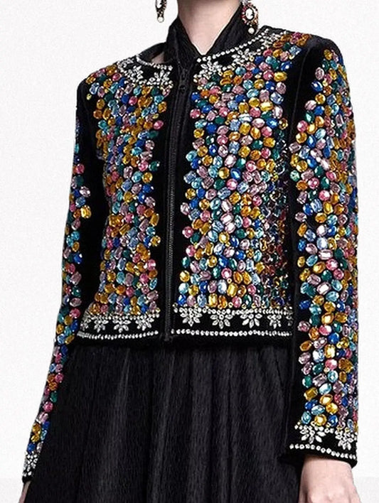 Multi-Color Gemstone Embellished Black Velvet Jacket - Jackets