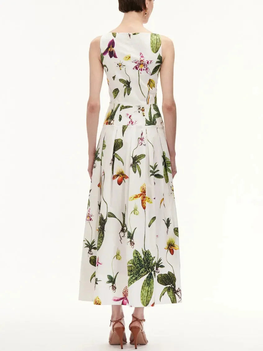 Multi Colored Orchid Printed V-Neck Zip-Front Cotton Dress in White - Dresses
