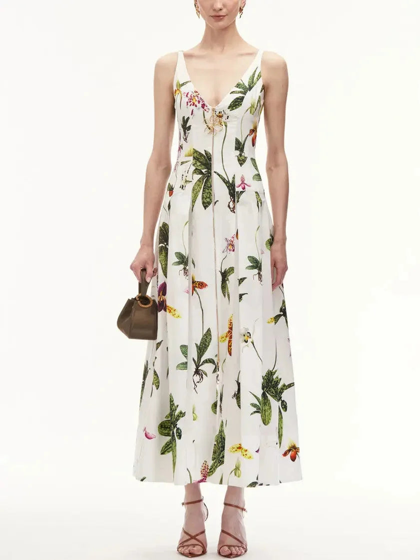Multi Colored Orchid Printed V-Neck Zip-Front Cotton Dress in White - Dresses