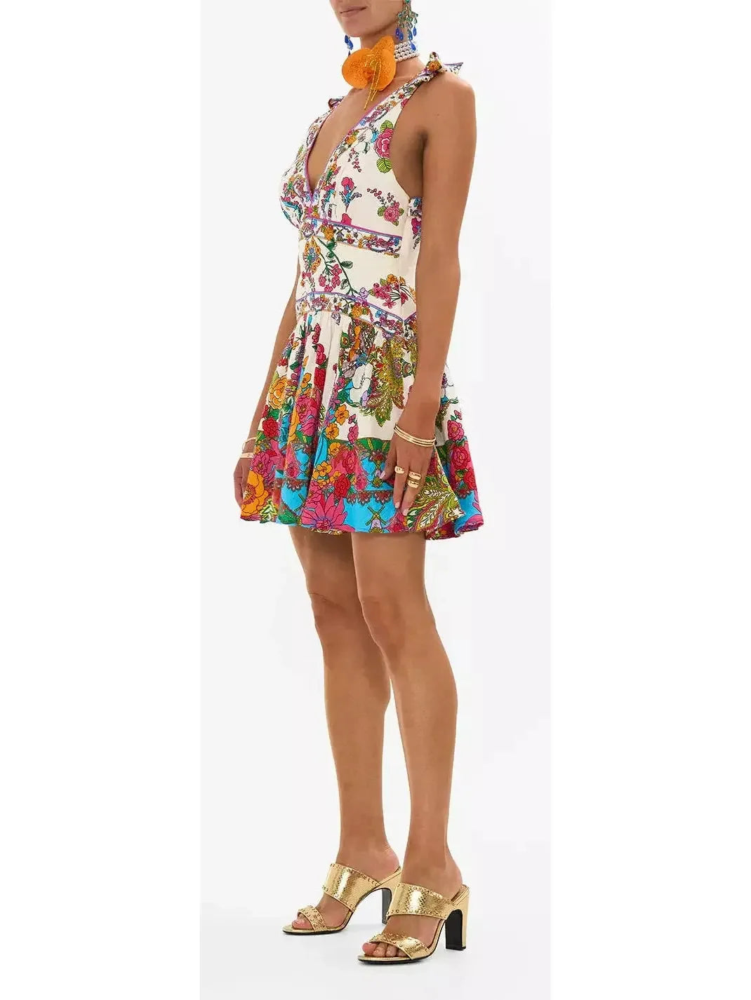 Multicolor Floral Printed Tie-Shoulder Plunging V-Neck Mini Dress - Dresses