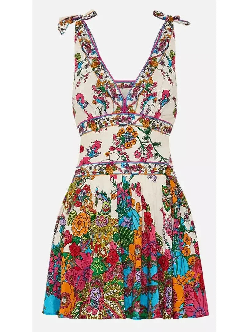 Multicolor Floral Printed Tie-Shoulder Plunging V-Neck Mini Dress - Dresses