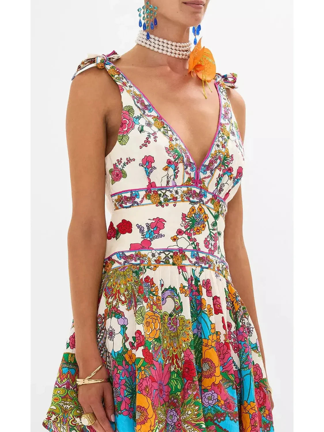 Multicolor Floral Printed Tie-Shoulder Plunging V-Neck Mini Dress - Dresses