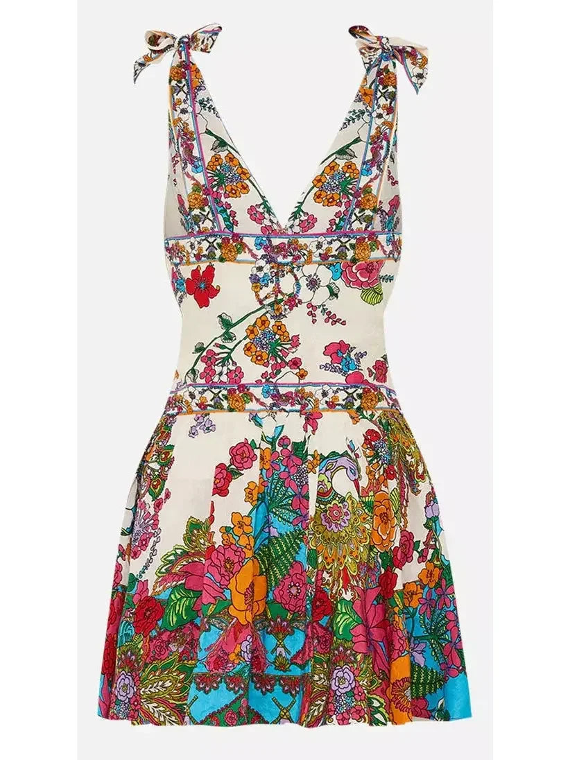 Multicolor Floral Printed Tie-Shoulder Plunging V-Neck Mini Dress - Dresses