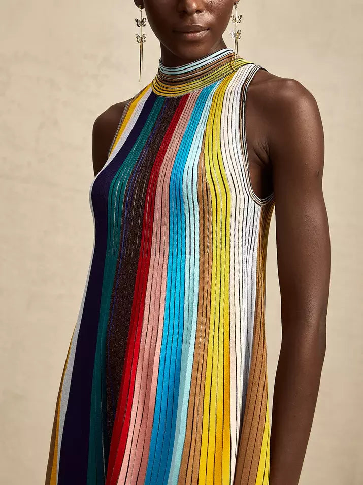Multicolor Lamé Striped Knit Halter Mini Dress featuring a stylish striped knit design