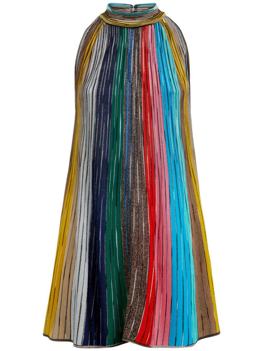 Multicolor Lamé Striped Knit Halter Mini Dress with vibrant stripes and stylish design