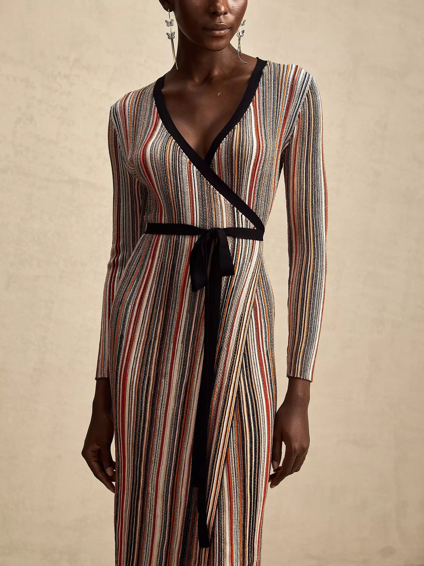 Multicolor Metallic Striped Knit Wrap Dress featuring long sleeves and a stylish design