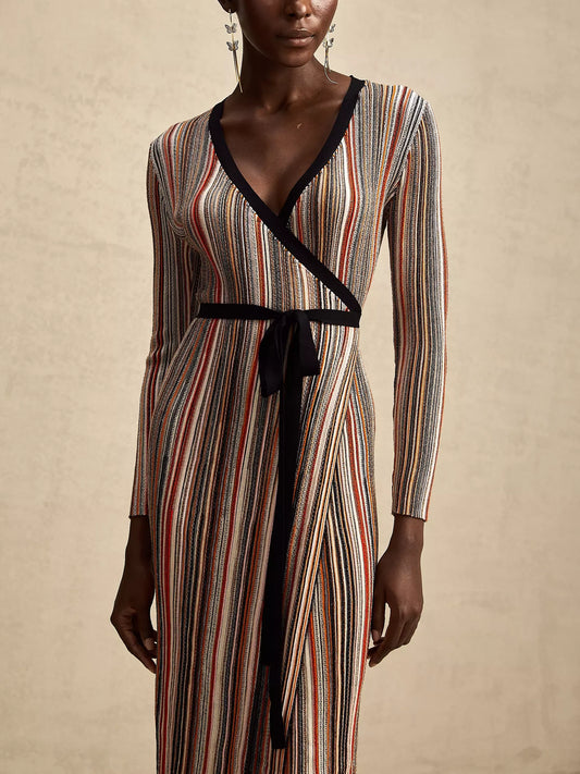 Multicolor Metallic Striped Knit Wrap Dress with long sleeves for stylish occasions