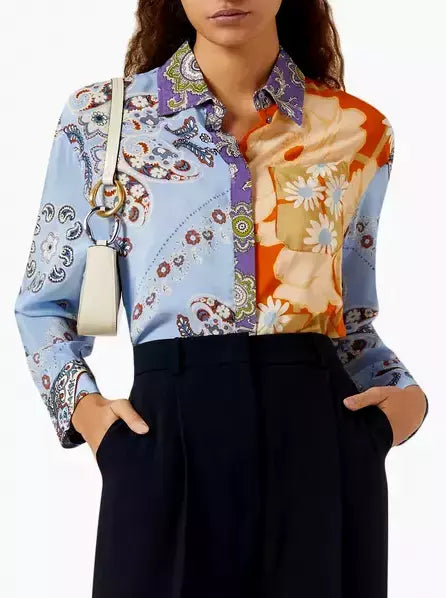 Colorfully patterned Multicolor Patchwork-Style Scarf Print Silk Shirt for stylish wear