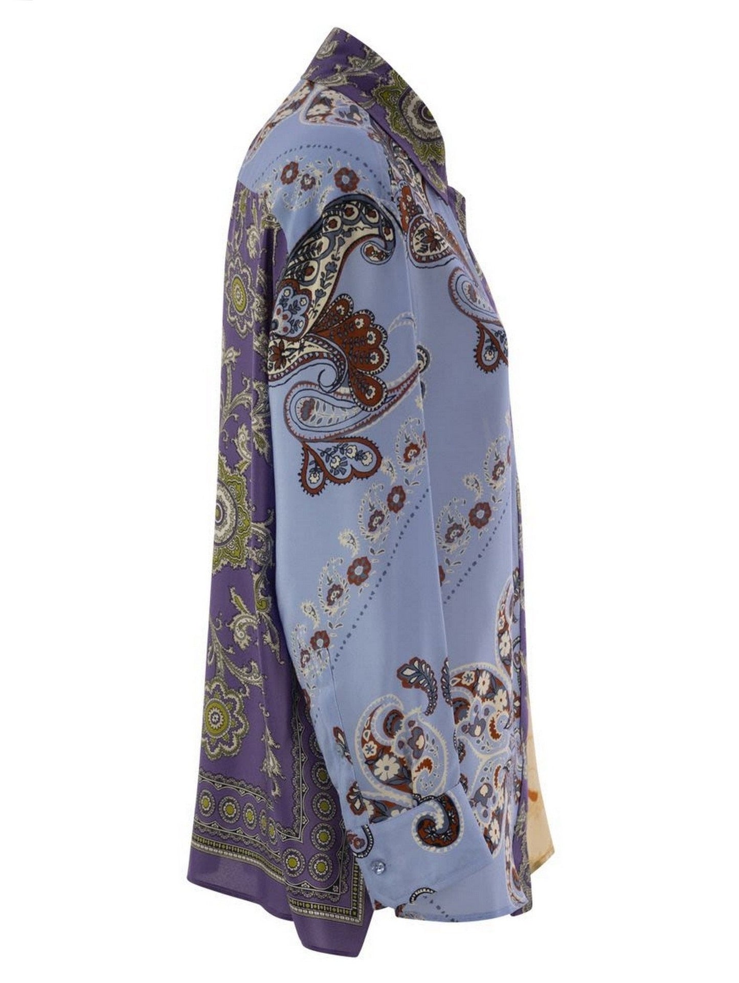 Multicolor Patchwork-Style Scarf Print Silk Shirt with vibrant patterns and colors