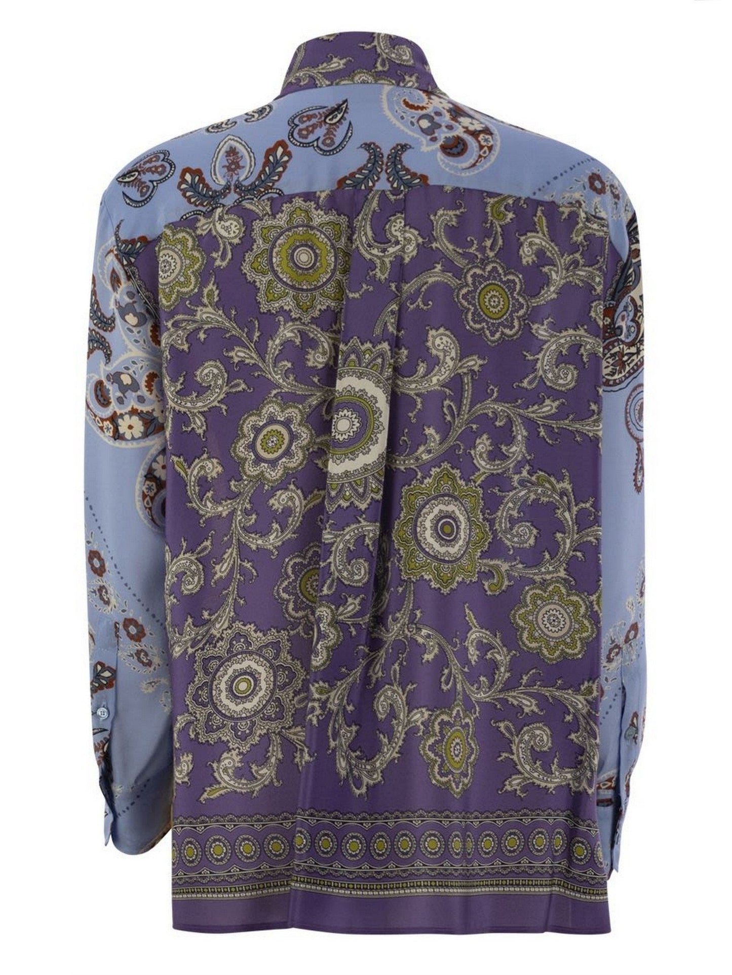 Multicolor patchwork-style scarf print silk shirt with a stylish long-sleeve design
