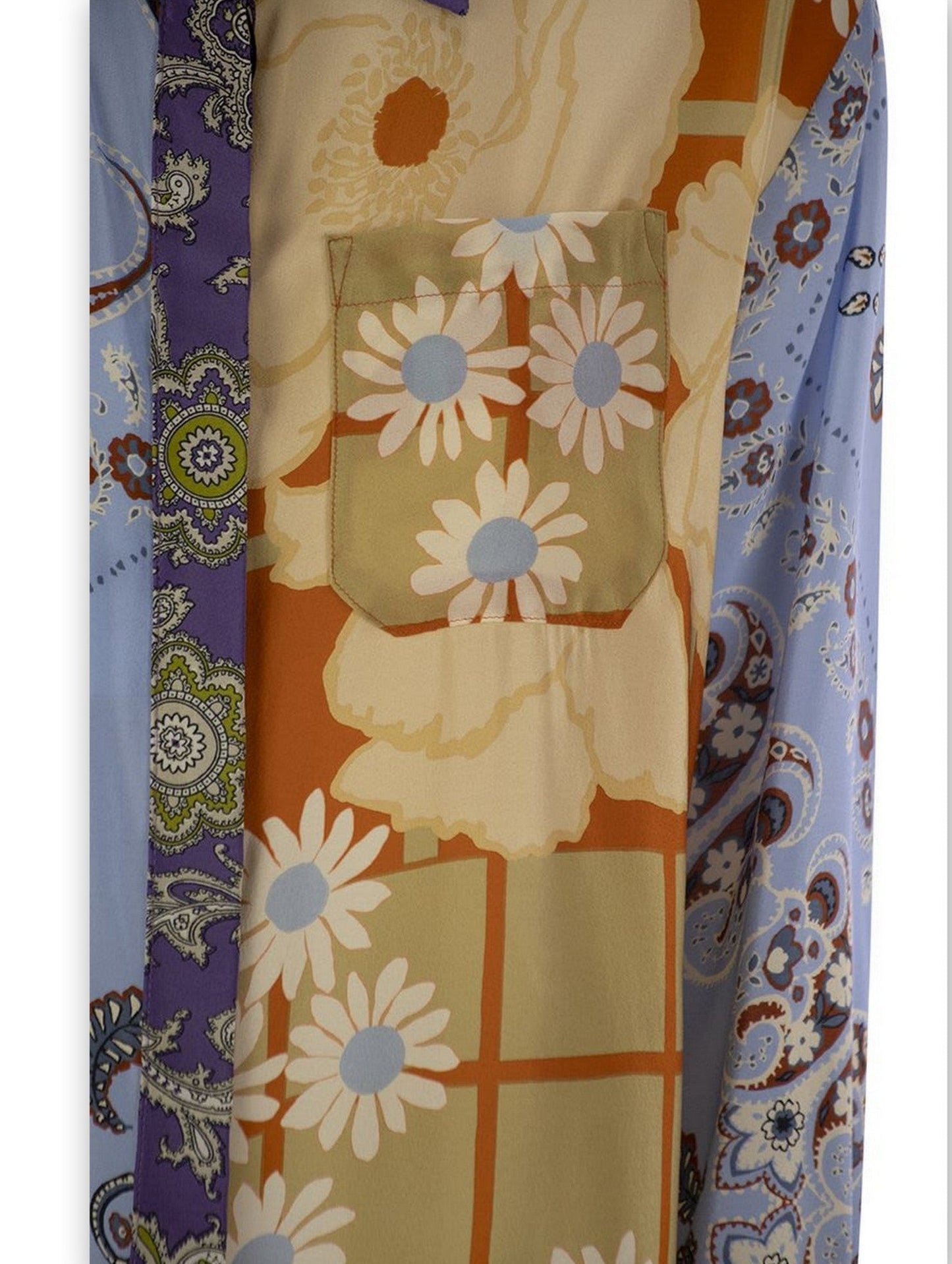 Colorfully patterned button-down shirt featuring multicolor patchwork-style scarf print