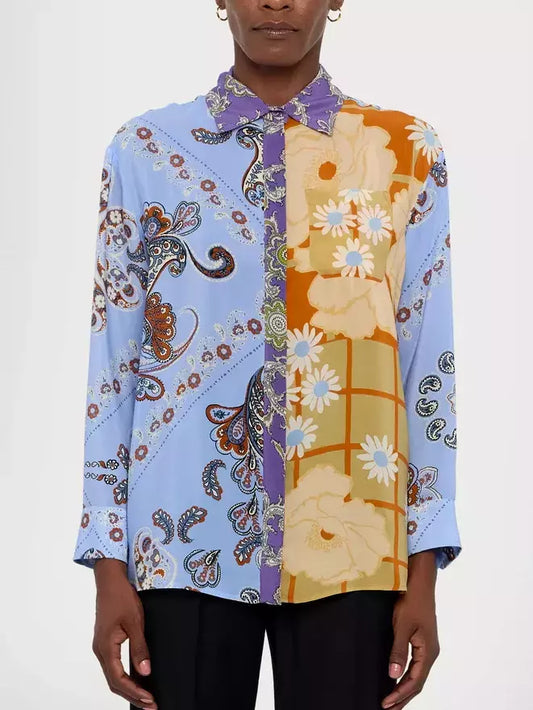 Colorfully patterned button-down shirt featuring multicolor patchwork-style scarf print