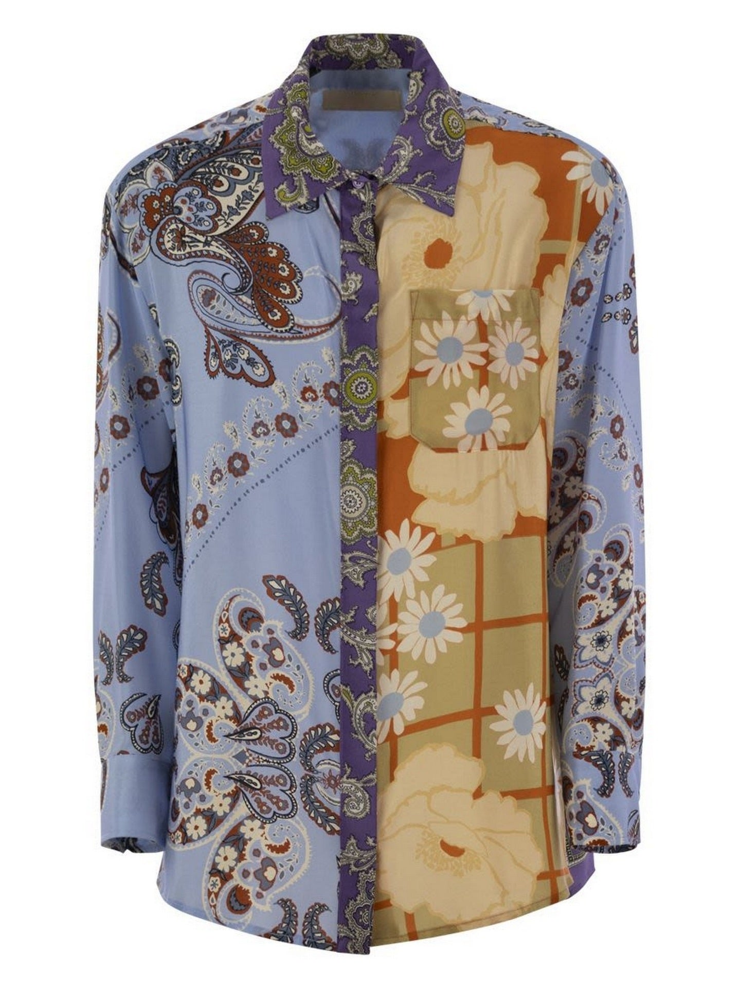 Multicolor Patchwork-Style Scarf Print Silk Shirt with bold patterns and vibrant colors