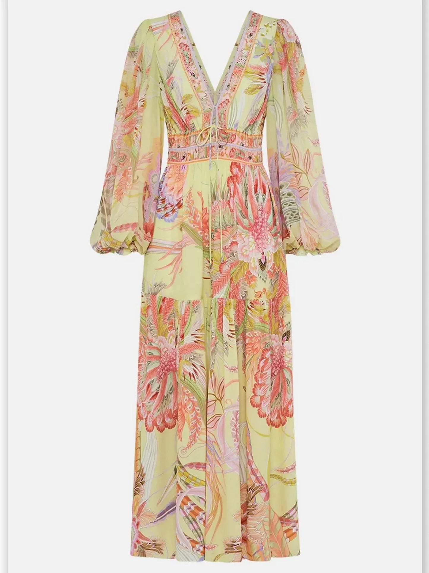 Multicolor-Printed Tie-Front Shirred Detail Dress in Yellow - Dresses