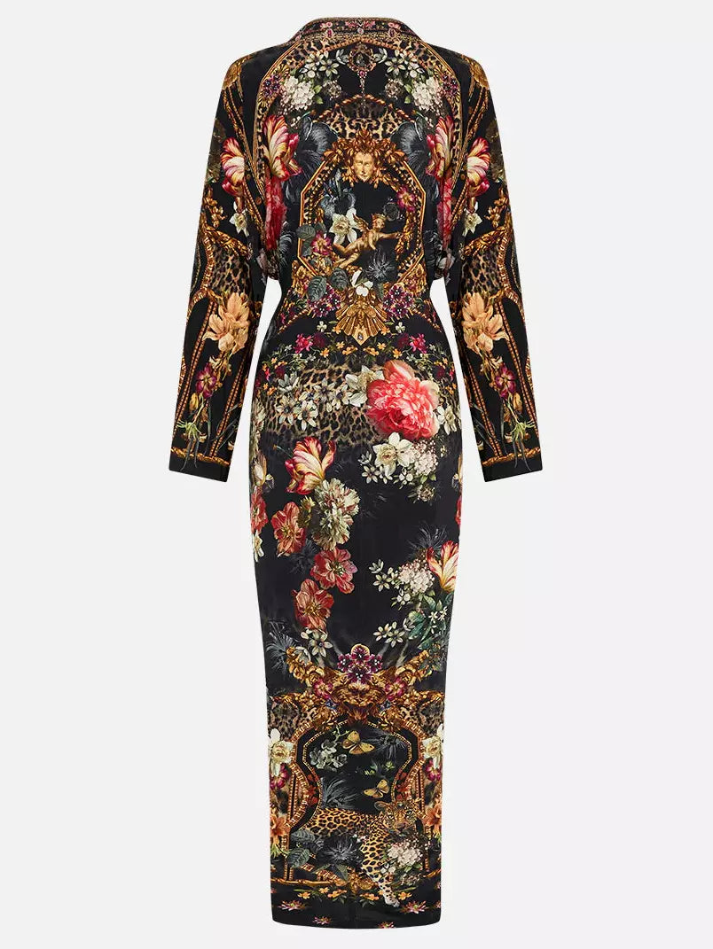 Floral print kimono dress with wide belt in Multicolor-Printed V-Neck Twist-Front style
