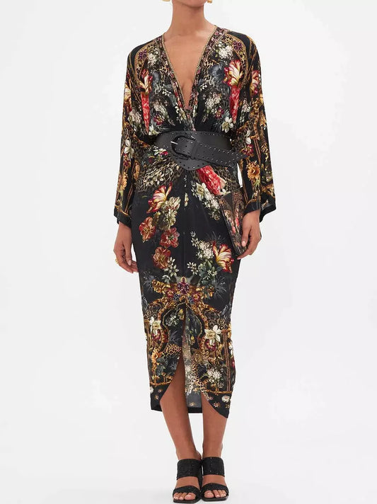 Floral print kimono dress with wide belt, perfect for multicolor-printed V-Neck Twist-Front
