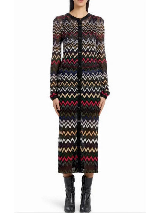 Multicolor Zig Zag Knit Metallic Cardigan Midi Dress - Dresses