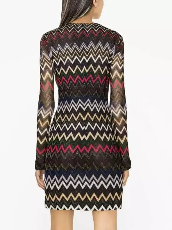 Multicolor Zig Zag Knit Metallic V-Neck Mini Dress - Dresses