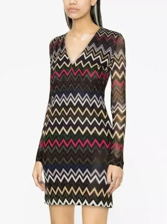 Multicolor Zig Zag Knit Metallic V-Neck Mini Dress - Dresses