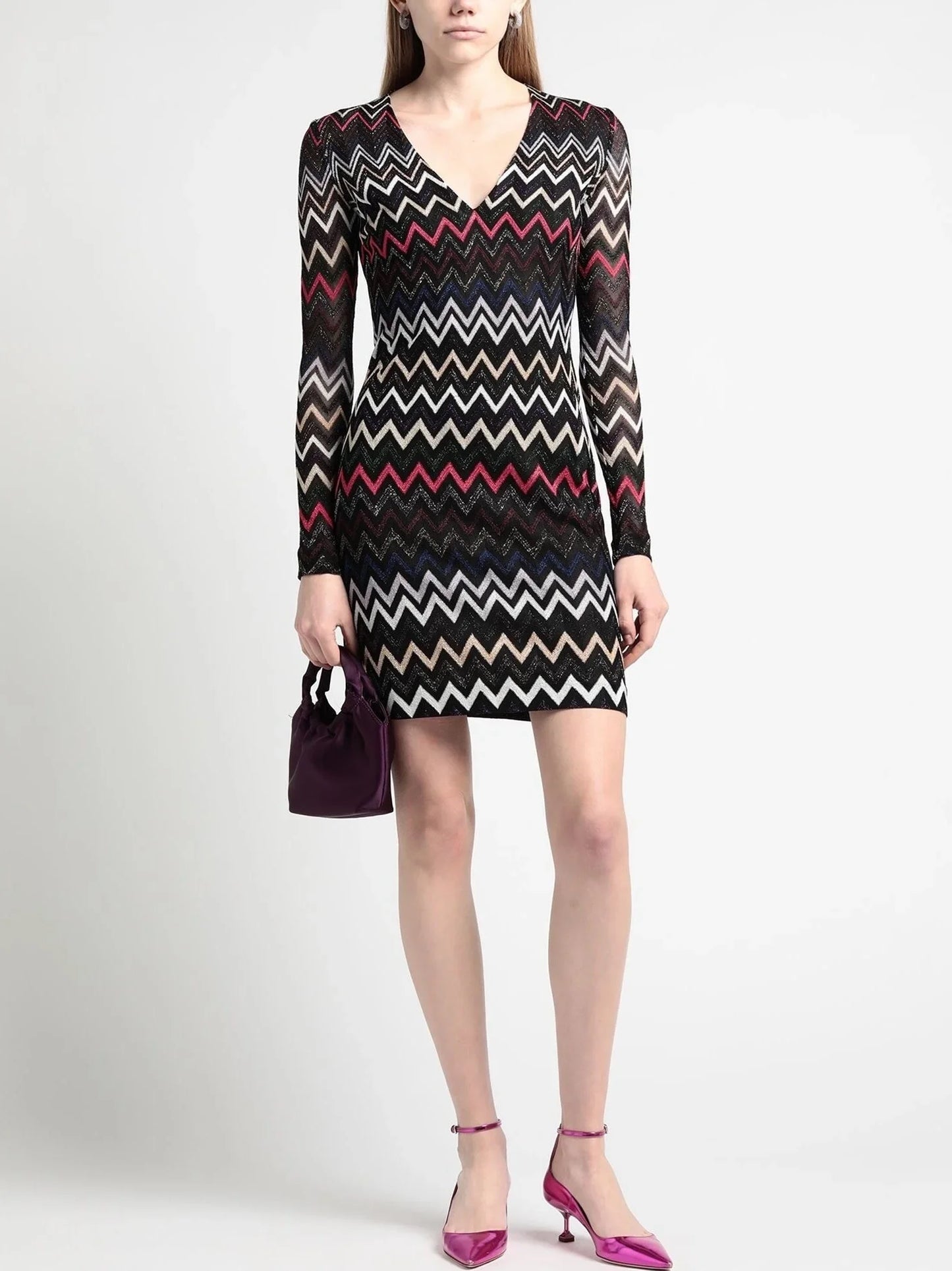Multicolor Zig Zag Knit Metallic V-Neck Mini Dress - Dresses
