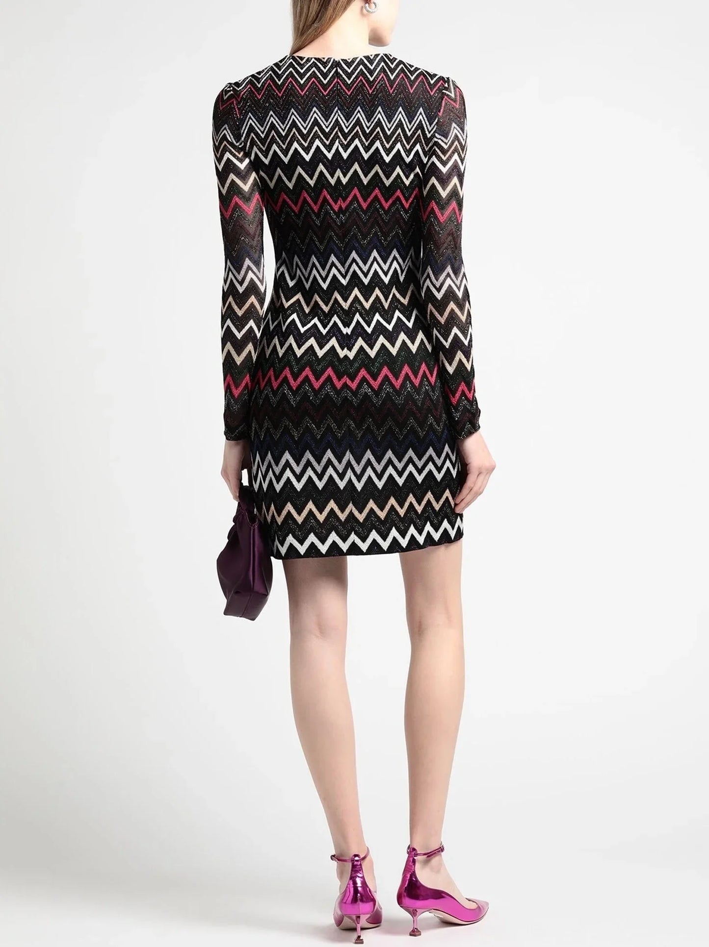 Multicolor Zig Zag Knit Metallic V-Neck Mini Dress - Dresses