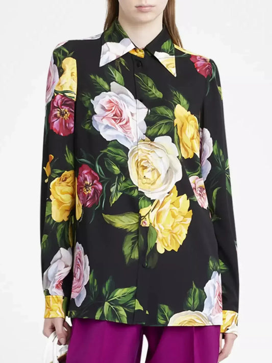 Multicolored Floral Print Silk Shirt in Black - Tops