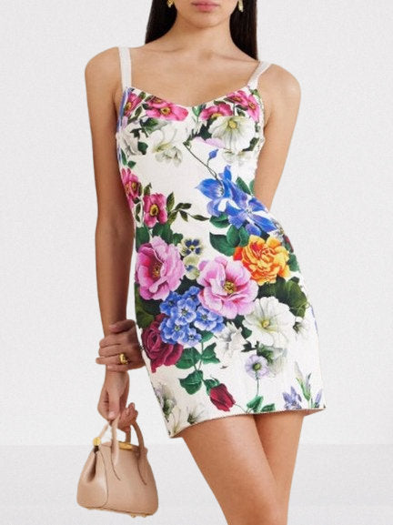 Multicolored Floral-Print White Mini Dress - S - Dresses