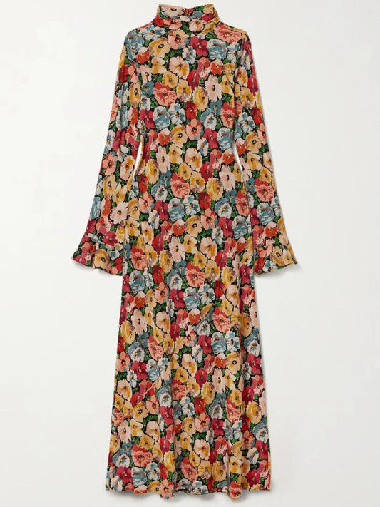 Multicolored Poppy-Print Silk Maxi Dress - Dresses